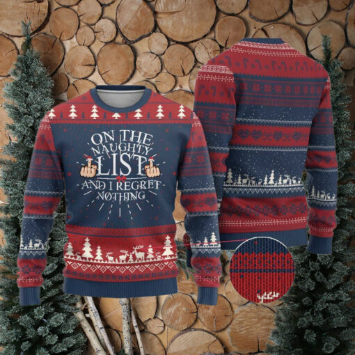 Funny Xmas Ugly Christmas Sweater On The List Of Naughty And I Regret Nothing Middle Finger