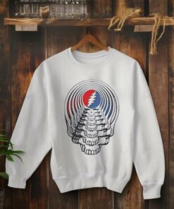 **Grateful Dead Sound Waves Shirt** featuring a vibrant design with psychedelic sound wave patterns inspired by the band's iconic style, intertwined with Grateful Dead motifs like skulls, roses, or lightning bolts. Perfect for fans celebrating the band’s legacy and love for their timeless music.