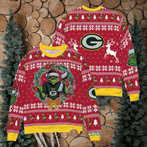 Green Bay Packers x Grinch NFL Dr. Seuss How the Grinch Stole Christmas with Super Bowl Trophy Ugly Christmas Sweater Red