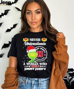 Grinch Hat Santa Never Underestimate A Woman Who Works At Jimmy John’s Logo Christmas Shirt