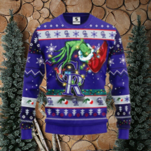 Grinch Holding Lights Colorado Rockies Ugly Christmas Sweater