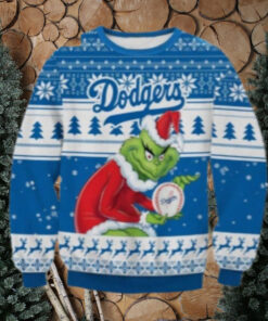 Grinch Santa Holding Dodgers Baseball Ugly Sweater