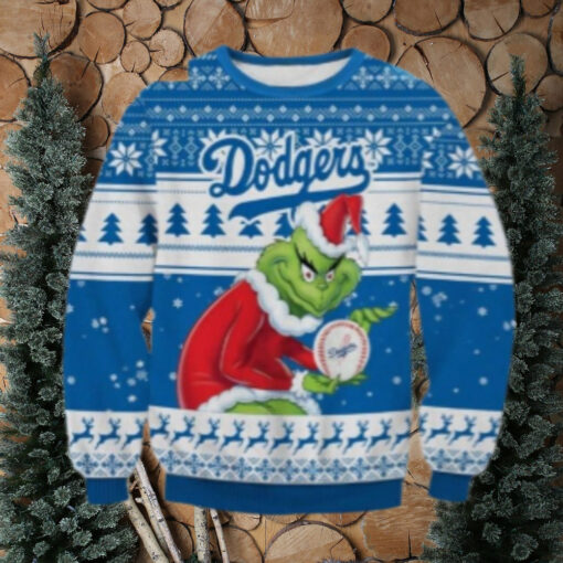 Grinch Santa Holding Dodgers Baseball Ugly Sweater