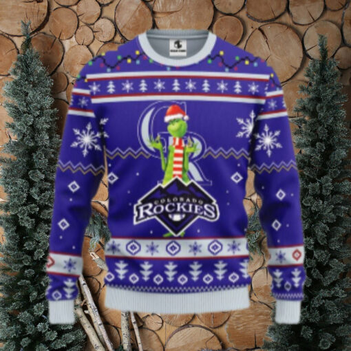 Grinch With Scarf Colorado Rockies Ugly Sweater Snowflake Design