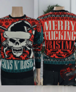 Guns N Roses Big Skull With Santa Hat Signature Logo Merry Fucking Christmas Ugly Christmas Sweater