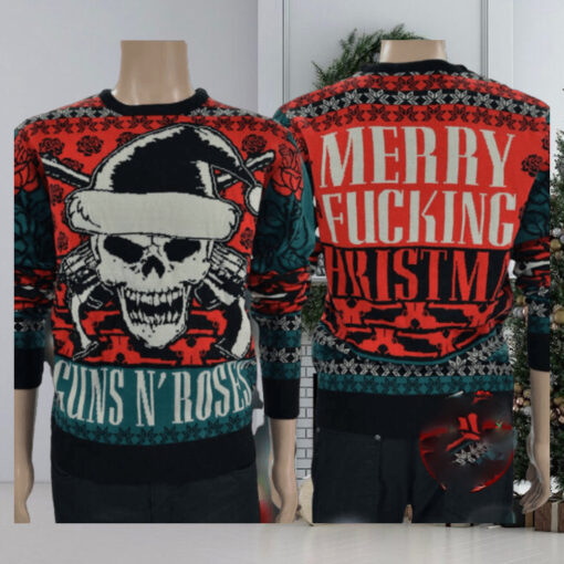 Guns N Roses Big Skull With Santa Hat Signature Logo Merry Fucking Christmas Ugly Christmas Sweater