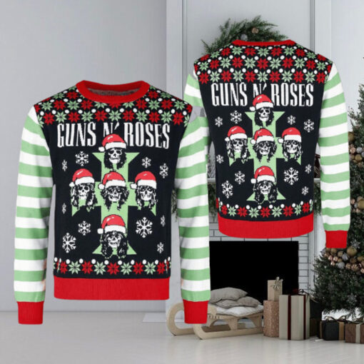 Guns N Roses Cross Logo Skeletons With Santa Hats Christmas Jumper Multicolor Ugly Christmas Sweater