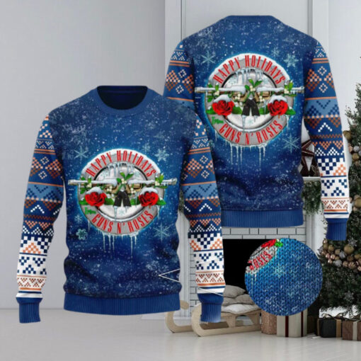 Guns N Roses Happy Holidays Snowy Logo Band Knitted Blue 2024 Ugly Christmas Sweater