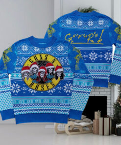 Guns N Roses Iconic Skull Images Band Wearing Santa Hats Blue Knitted Ugly Christmas Sweater