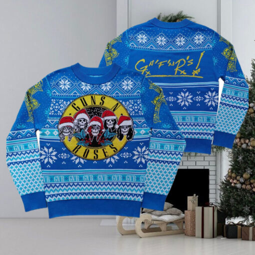 Guns N Roses Iconic Skull Images Band Wearing Santa Hats Blue Knitted Ugly Christmas Sweater