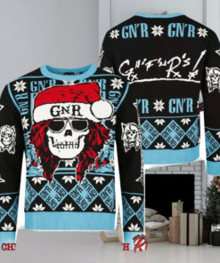 Guns N Roses Iconic Skull With GNR Santa Hat With Snowflake Pattern Knitted Black And Blue Ugly Christmas Sweater