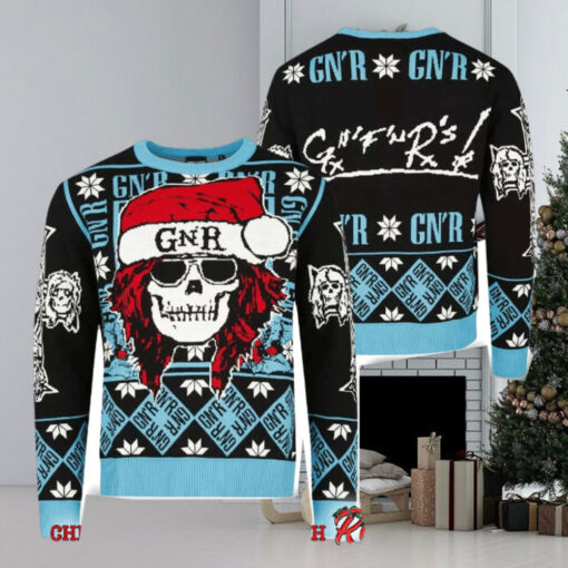 Guns N Roses Iconic Skull With GNR Santa Hat With Snowflake Pattern Knitted Black And Blue Ugly Christmas Sweater