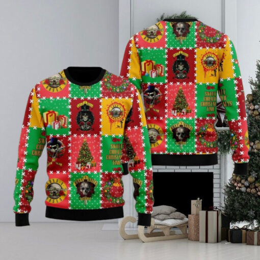 Guns N Roses Sweet Child O Christmas Time Knitted Checker Board Pattern Holiday Theme Ugly Christmas Sweater