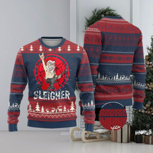 Heavy Mental Ugly Christmas Sweater Sleigher Santa Playing Guitar