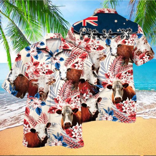 Hereford Cattle Australian Flag Hawaiian Flowers All Over Printed 3D Hawaiian Shirt