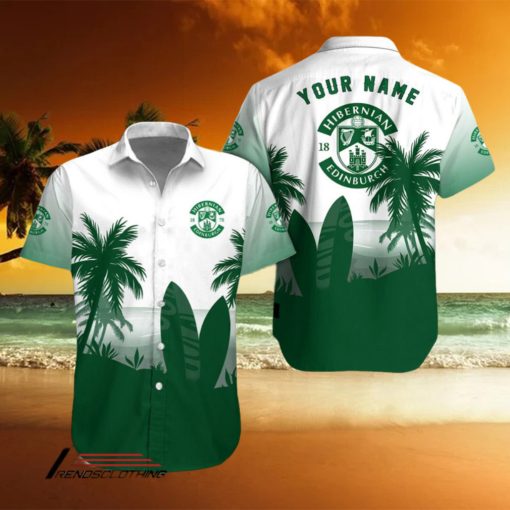 Hibernian FC Palm Tree Surfboard Personalized Name Button Shirt