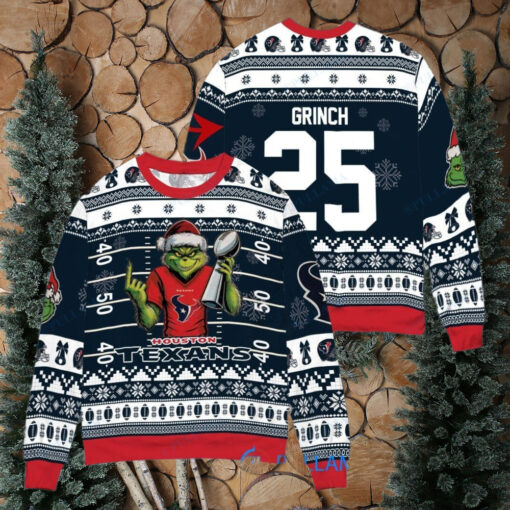 Houston Texans x Grinch Christmas Dr. Seuss How the Grinch Stole Christmas with Super Bowl Trophy Custom Ugly Christmas Sweater