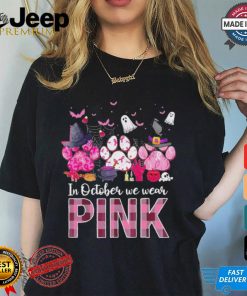 In October We Wear P.I.N.K Breast Cancer Halloween Dog Paws Shirt