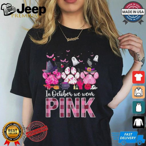 In October We Wear P.I.N.K Breast Cancer Halloween Dog Paws Shirt