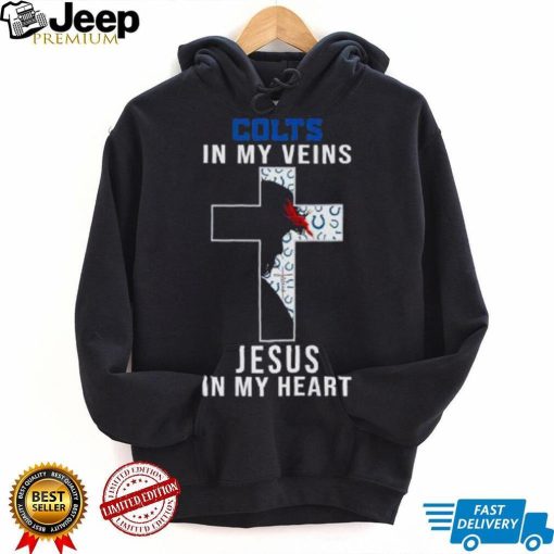 Indianapolis Colts Nfl In My Veins Jesus In My Heart Cross 2024 T Shirt