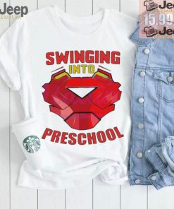 Iron man swinging into preschool shirt