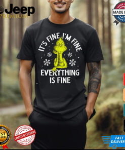 It's Fine I'm Fine Everything Is Fine Grinch shirt featuring a humorous design with the Grinch, perfect for those who want to embrace the holiday chaos with a mischievous twist.