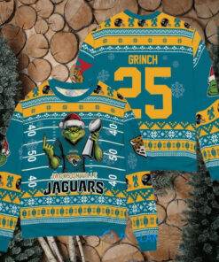 Jacksonville Jaguars x Grinch Christmas Dr. Seuss How the Grinch Stole Christmas with Super Bowl Trophy Custom Ugly Christmas Sweater