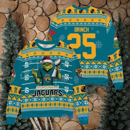 Jacksonville Jaguars x Grinch Christmas Dr. Seuss How the Grinch Stole Christmas with Super Bowl Trophy Custom Ugly Christmas Sweater