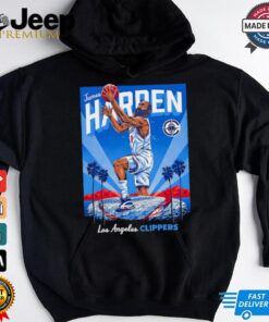 James Harden Los Angeles Clippers Intuit Dome backdrop graphic shirt featuring a dynamic design of James Harden in his Clippers uniform, with the Intuit Dome as the backdrop, showcasing his impact on the team and the excitement surrounding the new arena.