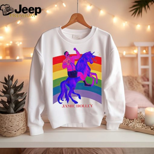 Jamie Holley riding horse rainbow pride shirt