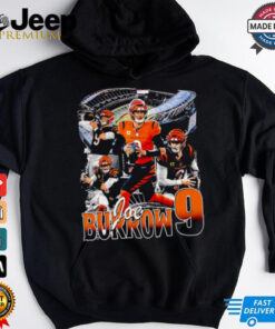 Joe Burrow Bengals 9 Retro Graphic shirt featuring a vintage-style design with Joe Burrow's iconic number 9, celebrating his legendary status with the Cincinnati Bengals in bold, retro-inspired graphics.
