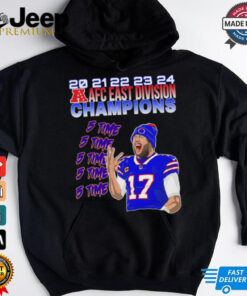 Josh Allen 5-Time AFC East Champions shirt featuring bold graphics celebrating Josh Allen's leadership in securing five consecutive AFC East titles, with his name and number, the AFC East division logo, and championship text highlighting the Buffalo Bills' success under his guidance.