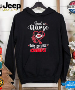 Just a Nurse Who Loves Her Kansas City Chiefs shirt featuring a fun design that combines a passion for nursing with pride for the Kansas City Chiefs, perfect for fans who are dedicated to both their profession and team.