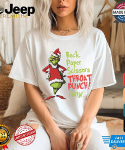 Grinch Christmas Rock Paper Scissor Throat Punch I Win shirt featuring a humorous and bold design with the Grinch, incorporating a playful take on the classic game of rock, paper, scissors with a cheeky twist, perfect for those with a mischievous sense of humor during the holiday season.