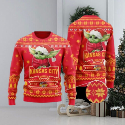 Kansas City Chiefs Cute Baby Yoda Grogu Ugly Christmas Sweater