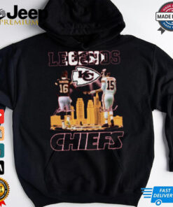 Kansas City Chiefs Legends Dawson and Mahomes T-shirt featuring bold graphics of Len Dawson and Patrick Mahomes, celebrating their legendary contributions to the Chiefs' legacy with team colors and iconic imagery.