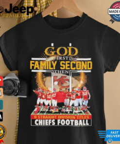 Kansas City God 1st Family 2nd The 9 Straight Division Titles Champs shirt featuring bold typography and a design celebrating the team's impressive achievement of nine consecutive division titles.