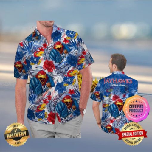 Kansas Jayhawks America Flag Tropical Floral Aloha Hawaiian Shirt Beach Shorts Custom Name For Men Women