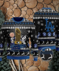 LA Dodgers World Series Trophy Ugly Christmas Sweater With Charlie Brown