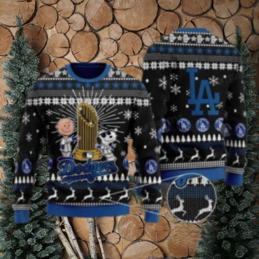 LA Dodgers World Series Trophy Ugly Christmas Sweater With Charlie Brown