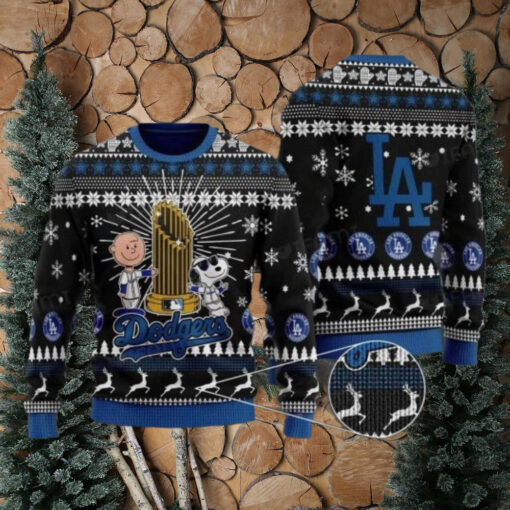 LA Dodgers World Series Trophy Ugly Christmas Sweater With Charlie Brown