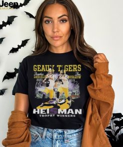 LSU Shop Geaux Tigers Jayden Daniels 2023 and Joe Burrow 2019 Heisman Trophy Winners Signatures Shirt