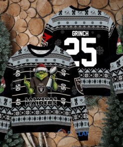 Las Vegas Raiders x Grinch Christmas Dr. Seuss How the Grinch Stole Christmas with Super Bowl Trophy Custom Ugly Christmas Sweater