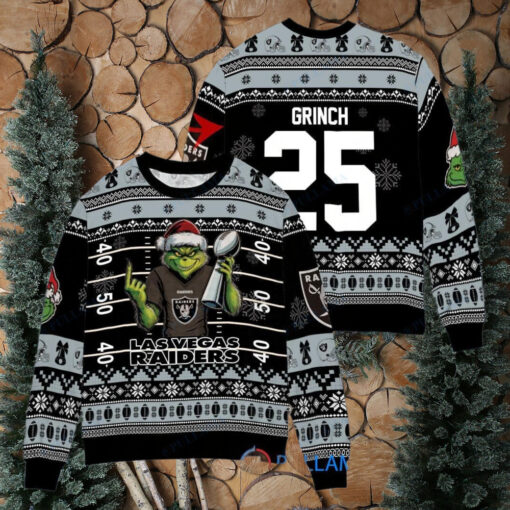 Las Vegas Raiders x Grinch Christmas Dr. Seuss How the Grinch Stole Christmas with Super Bowl Trophy Custom Ugly Christmas Sweater