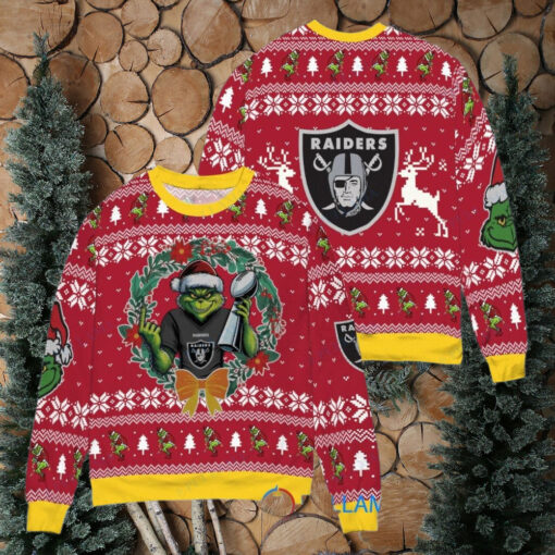 Las Vegas Raiders x Grinch NFL Dr. Seuss How the Grinch Stole Christmas with Super Bowl Trophy Ugly Christmas Sweater Red