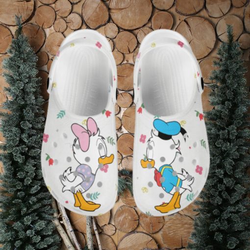 Little Donald Daisy Kissing White Pattern Disney Graphic Cartoon Crocs Shoes