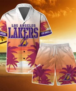 Los Angeles Lakers Team Logo Pattern Sunset Tropical Hawaiian Shirt & Short