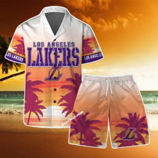 Los Angeles Lakers Team Logo Pattern Sunset Tropical Hawaiian Shirt & Short