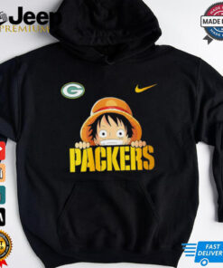 Luffy One Piece x Green Bay Packers logo shirt featuring a unique crossover design that blends the iconic One Piece character Luffy with the Green Bay Packers logo, creating a fun and creative fusion of anime and NFL team pride.