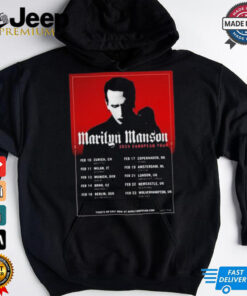 Marilyn Manson European February 2025 Tour T-shirt featuring dark, edgy graphics, tour dates, and locations across Europe, with Manson's iconic style and branding prominently displayed. Perfect for fans commemorating the 2025 tour.